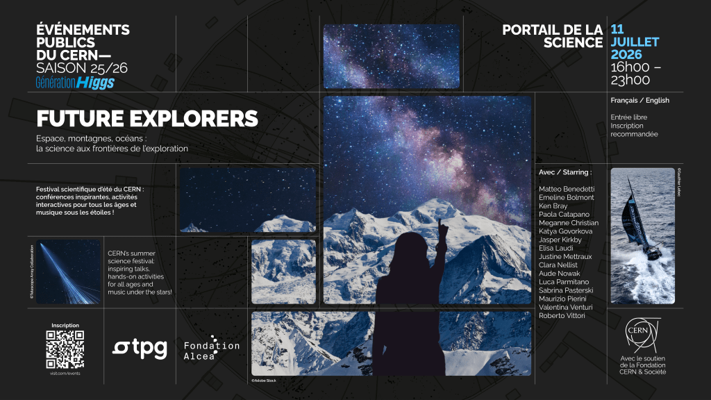 A shadow of a woman points to a snow-covered Alpine range beneath a nighttime sky full of stars